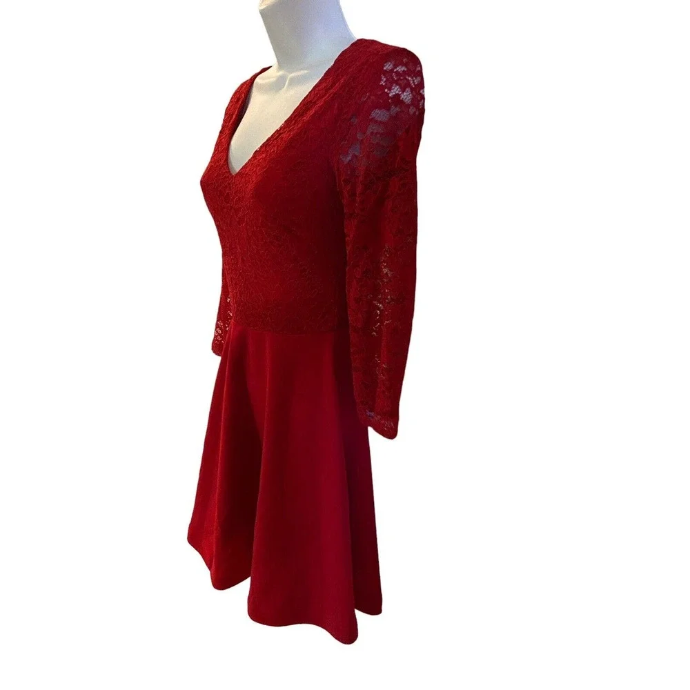 B. Darlin Lace Crepe Ruby Red Bow Back Skater Cocktail Party Bow Back Mini Dress - Picture 8 of 15